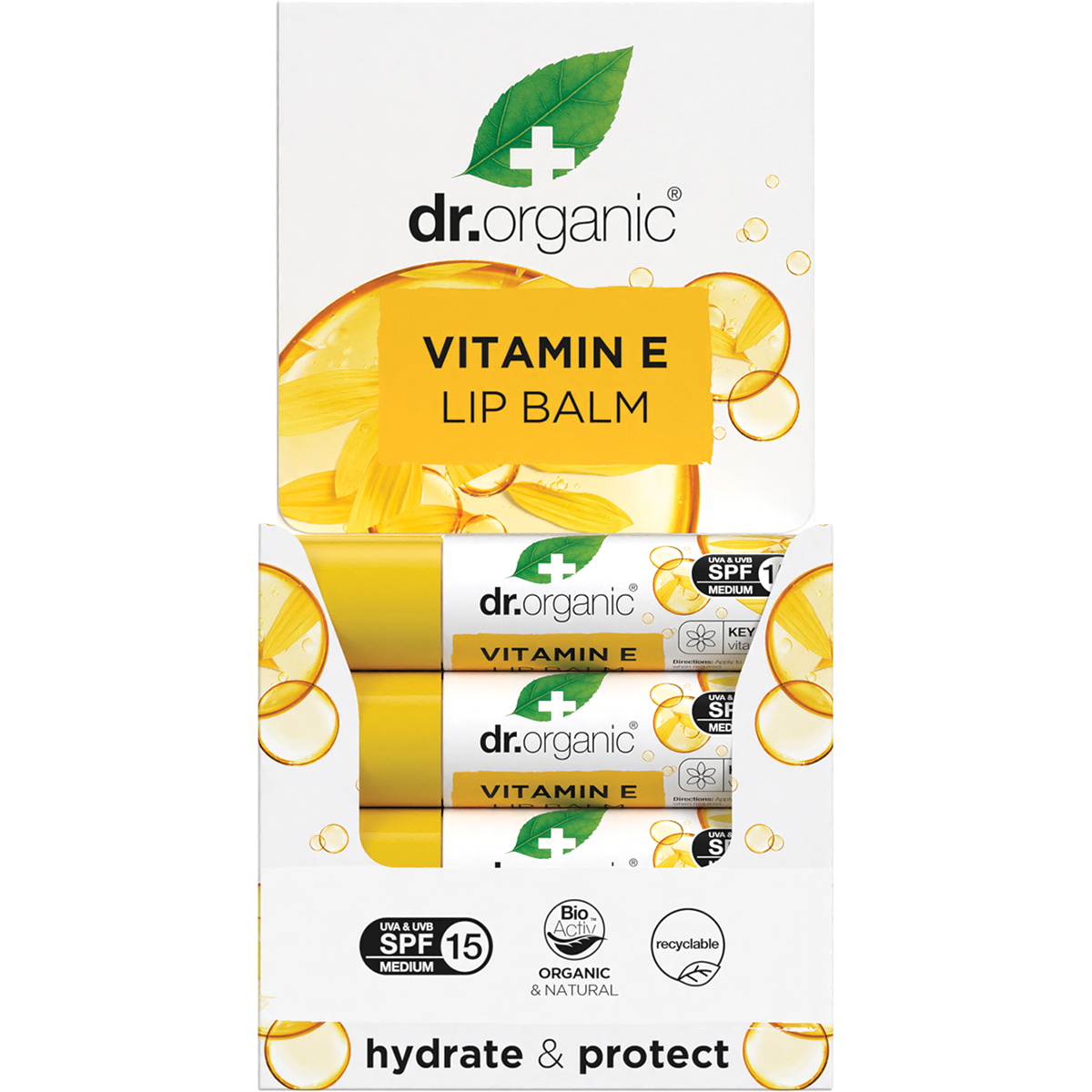 Dr Organic Vitamin E Lip Balm with SPF 15 in a white and green plastic tube and matching display box.