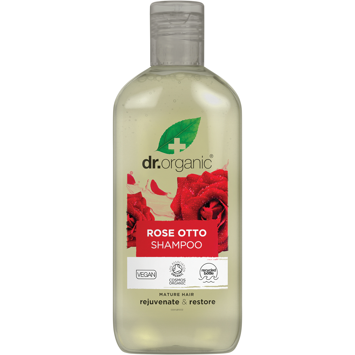 265ml bottle of Dr Organic Rose Otto Shampoo for mature hair, featuring a pink label and a white flip-top cap.