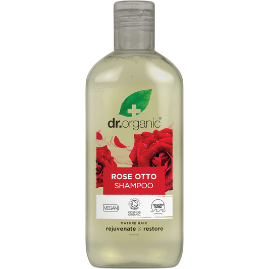265ml bottle of Dr Organic Rose Otto Shampoo for mature hair, featuring a pink label and a white flip-top cap.
