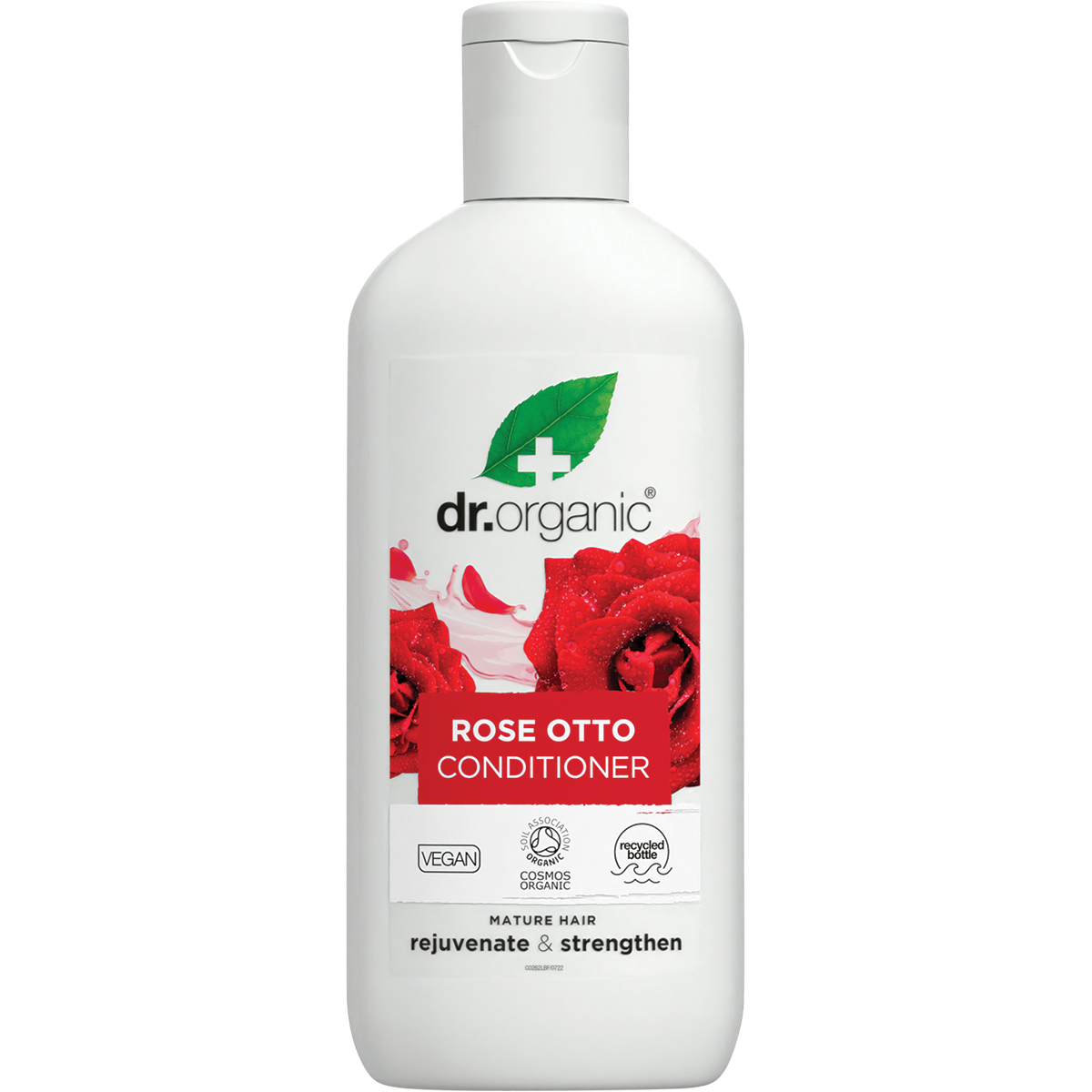 265ml bottle of Dr Organic Rose Otto Conditioner for rejuvenating and nourishing mature hair.