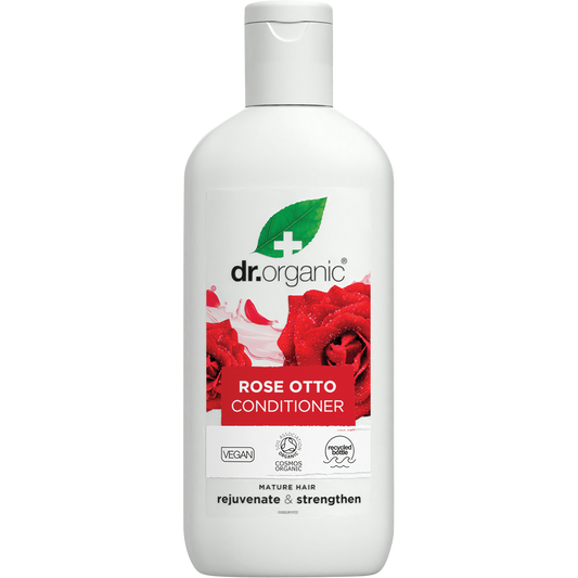 265ml bottle of Dr Organic Rose Otto Conditioner for rejuvenating and nourishing mature hair.