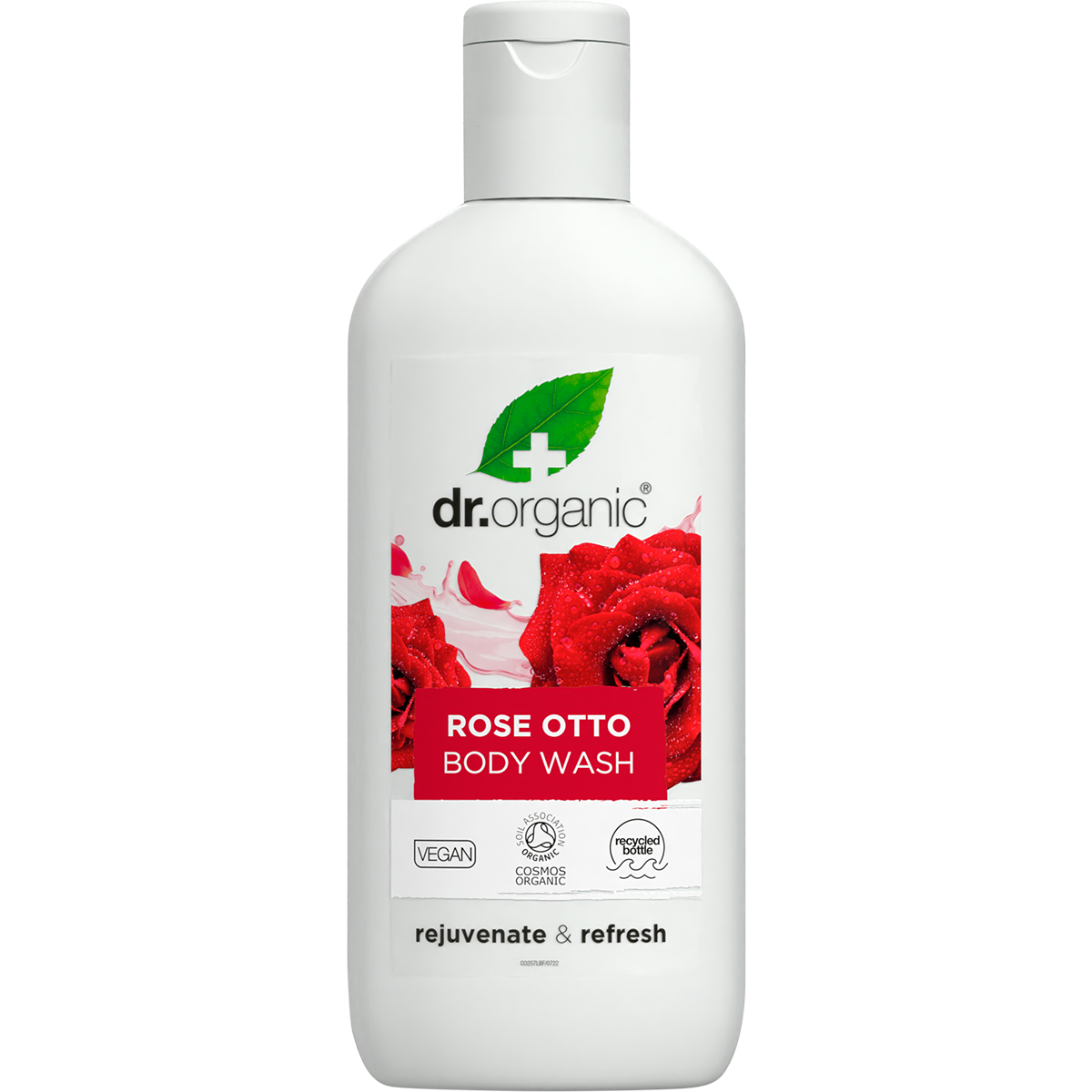 250ml bottle of Dr Organic Rose Otto Body Wash, a revitalising daily shower gel with bioactive and natural ingredients.