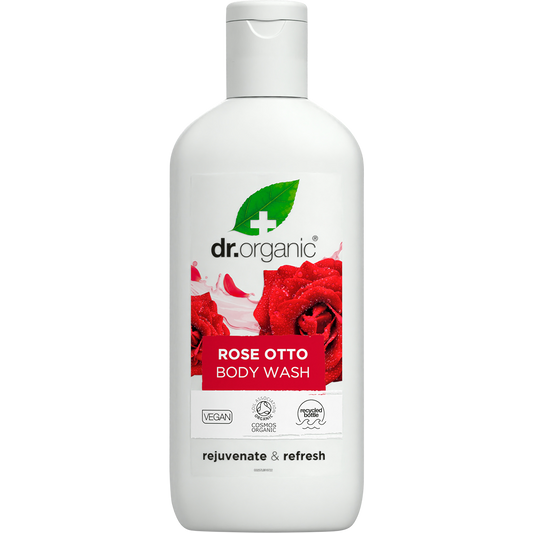250ml bottle of Dr Organic Rose Otto Body Wash, a revitalising daily shower gel with bioactive and natural ingredients.