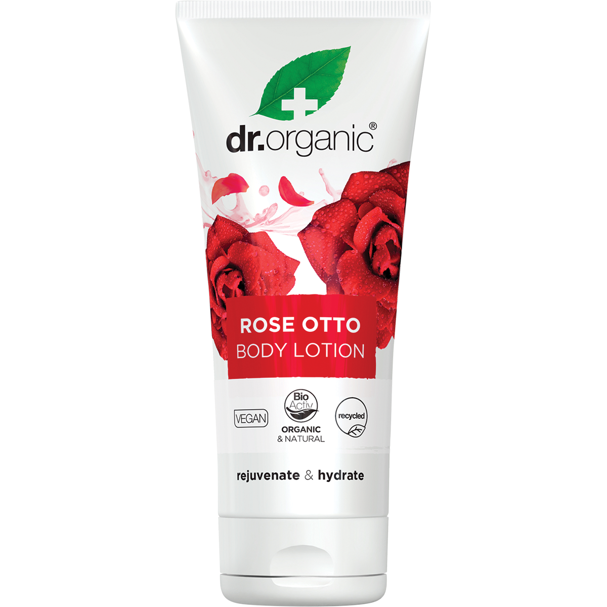 200ml tube of Dr Organic Rose Otto Body Lotion for moisturising, revitalising, and healthy-aging of mature skin.