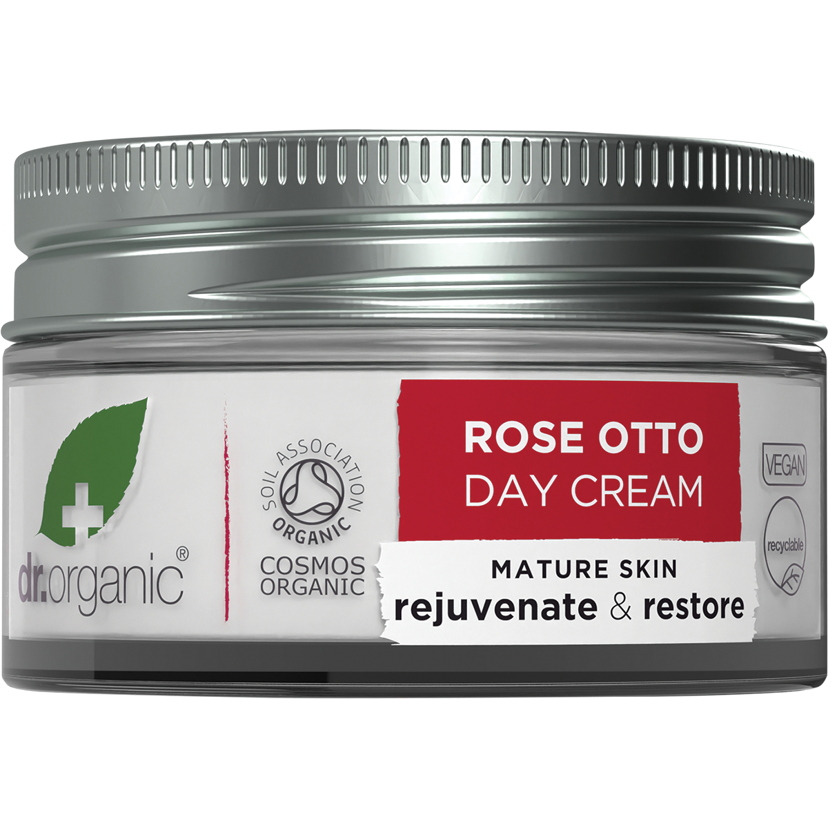 50ml jar of Dr Organic Rose Otto Day Cream, a moisturizing healthy-aging facial cream with organic ingredients.