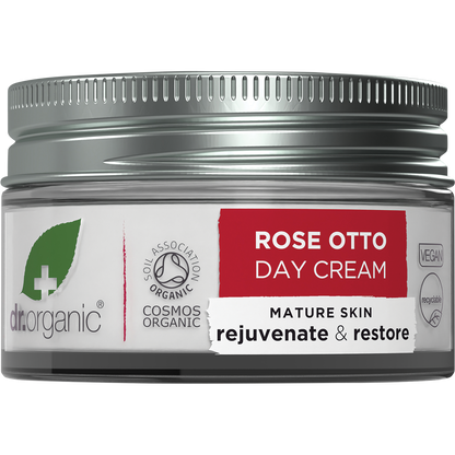50ml jar of Dr Organic Rose Otto Day Cream, a moisturizing healthy-aging facial cream with organic ingredients.