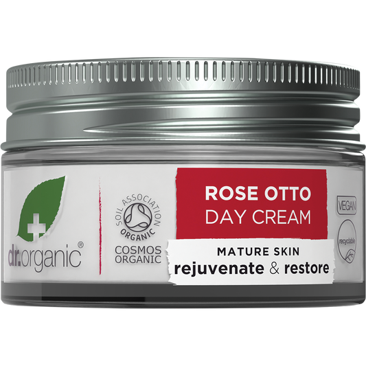 50ml jar of Dr Organic Rose Otto Day Cream, a moisturizing healthy-aging facial cream with organic ingredients.