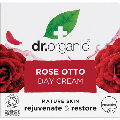 Side view of a Dr Organic Rose Otto Day Cream 50ml box on a white background.