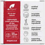 Back of a Dr Organic Rose Otto Day Cream box showing ingredients and product information on a white background.