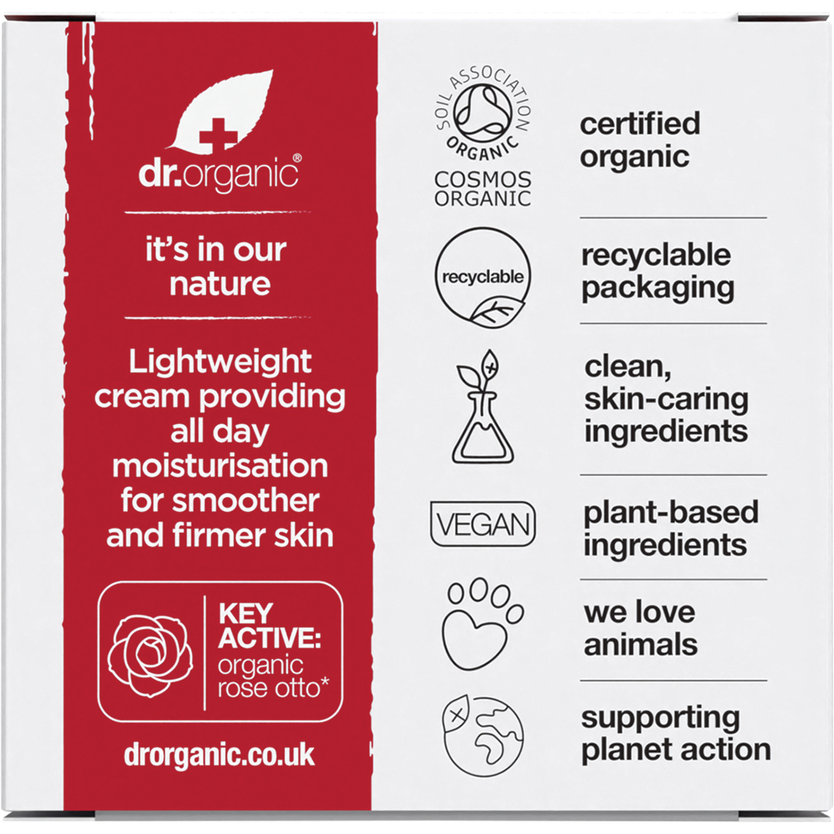 Back of a Dr Organic Rose Otto Day Cream box showing ingredients and product information on a white background.