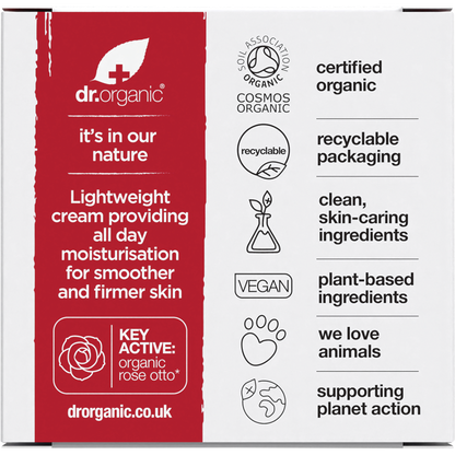 Back of a Dr Organic Rose Otto Day Cream box showing ingredients and product information on a white background.