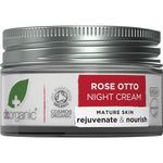 50ml jar of Dr Organic Rose Otto Night Cream with a white lid and a floral label featuring pink roses.