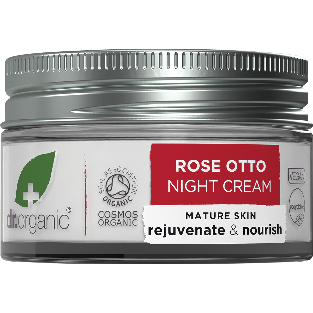 50ml jar of Dr Organic Rose Otto Night Cream with a white lid and a floral label featuring pink roses.