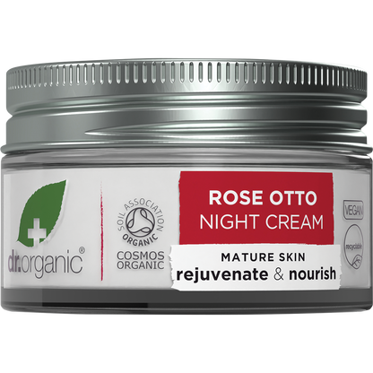 50ml jar of Dr Organic Rose Otto Night Cream with a white lid and a floral label featuring pink roses.