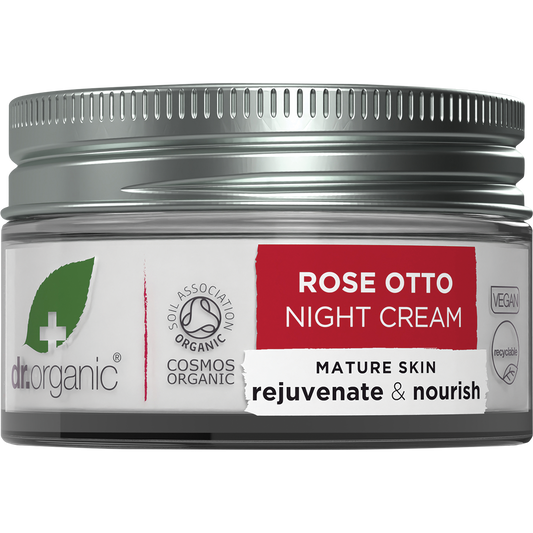 50ml jar of Dr Organic Rose Otto Night Cream with a white lid and a floral label featuring pink roses.