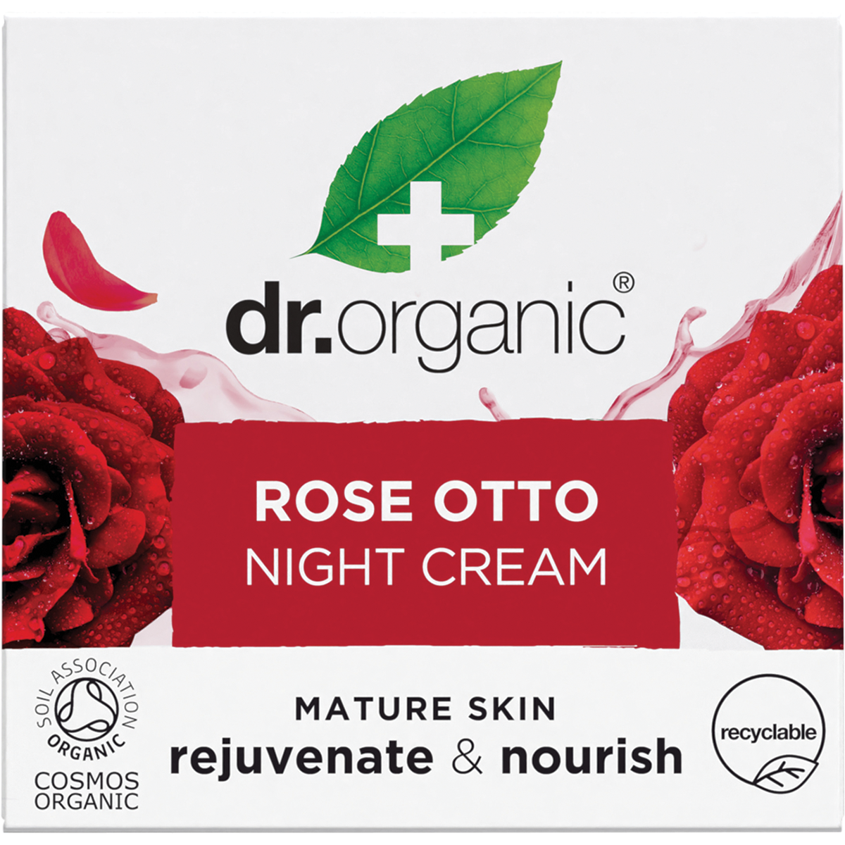 Box of Dr Organic Rose Otto Night Cream featuring pink roses and product details on a white and pink background.