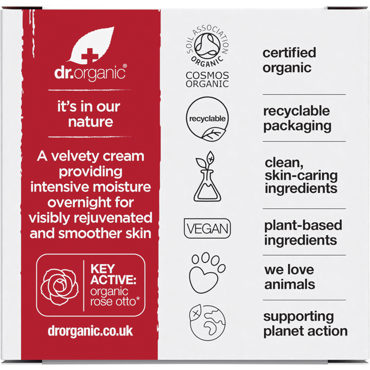 Back of Dr Organic Rose Otto Night Cream box showing ingredients, directions, and product benefits.