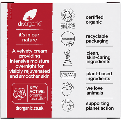 Back of Dr Organic Rose Otto Night Cream box showing ingredients, directions, and product benefits.