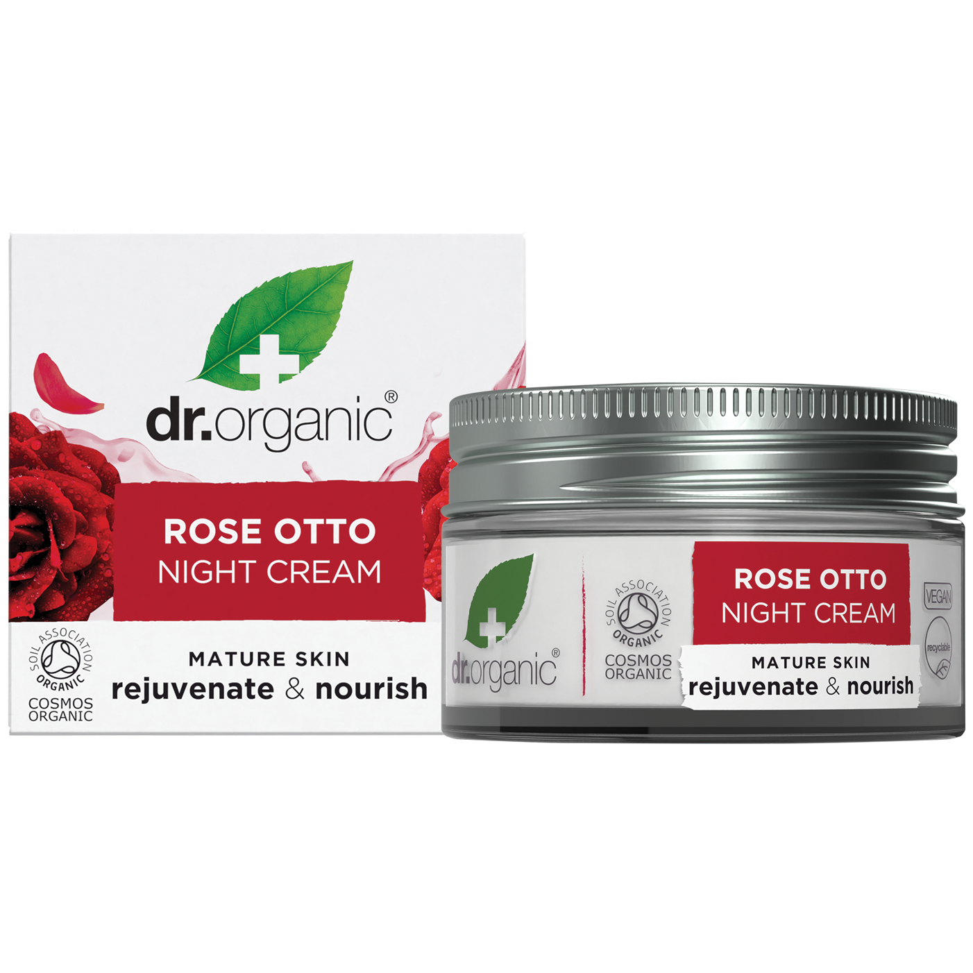 50ml jar and box of Dr Organic Rose Otto Night Cream featuring pink rose illustrations on a white background.