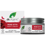50ml jar and box of Dr Organic Rose Otto Night Cream featuring pink rose illustrations on a white background.