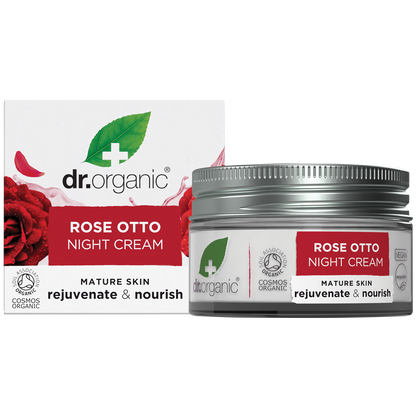50ml jar and box of Dr Organic Rose Otto Night Cream featuring pink rose illustrations on a white background.