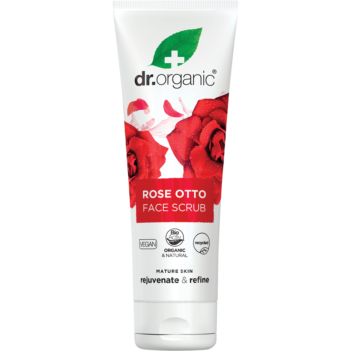 125ml tube of Dr Organic Rose Otto Face Scrub, a refreshing exfoliator for deep cleansing and rejuvenating mature skin.