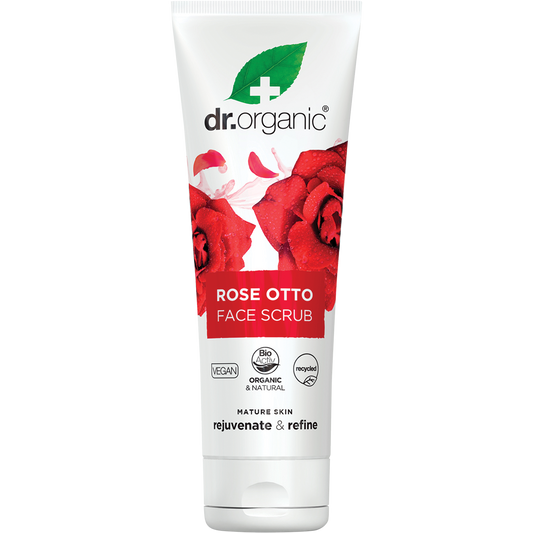 125ml tube of Dr Organic Rose Otto Face Scrub, a refreshing exfoliator for deep cleansing and rejuvenating mature skin.