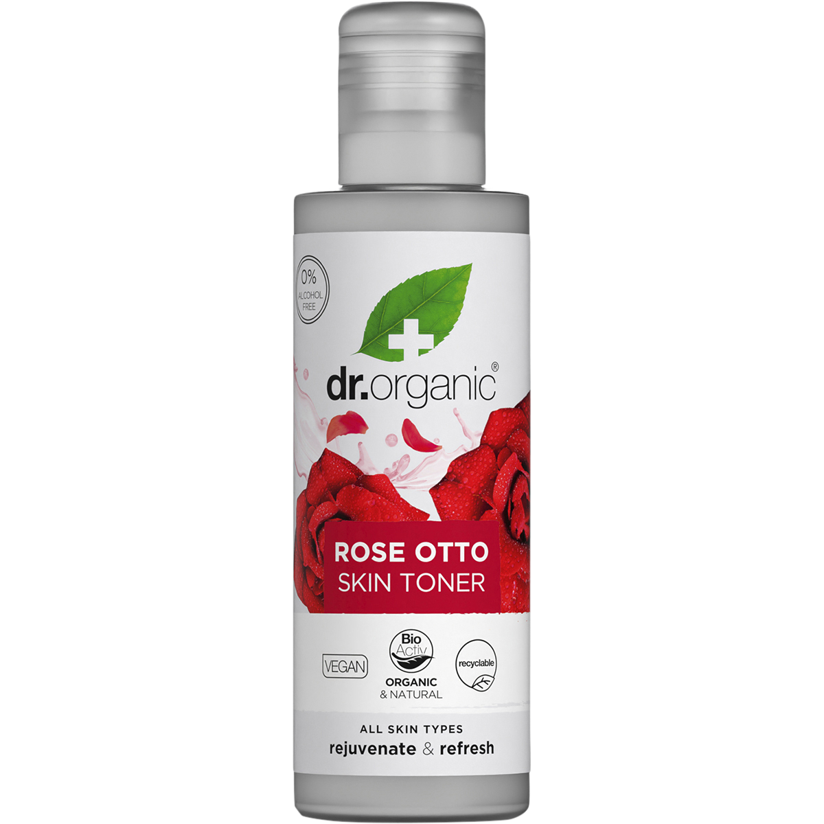 150ml bottle of Dr Organic Organic Rose Otto Skin Toner with a white cap and pink rose label.