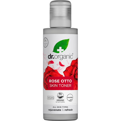 150ml bottle of Dr Organic Organic Rose Otto Skin Toner with a white cap and pink rose label.
