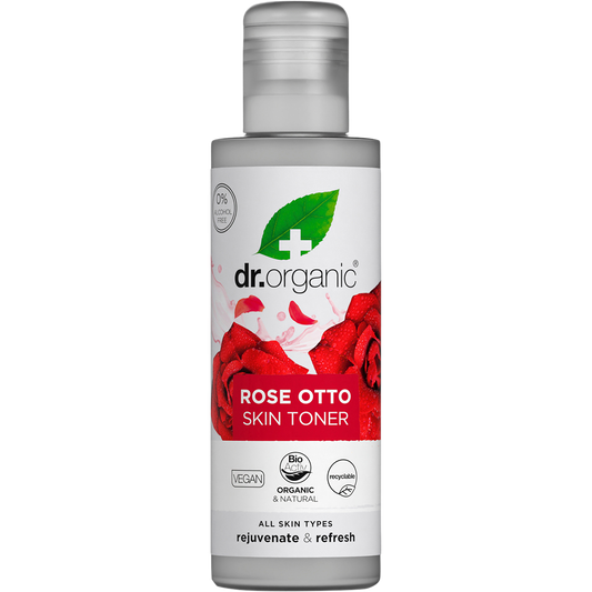 150ml bottle of Dr Organic Organic Rose Otto Skin Toner with a white cap and pink rose label.