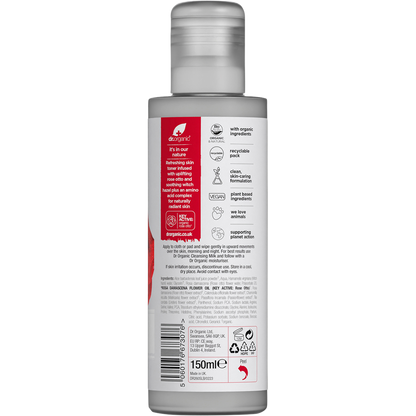Back view of a 150ml Dr Organic Rose Otto Skin Toner bottle showing product description and ingredient list.