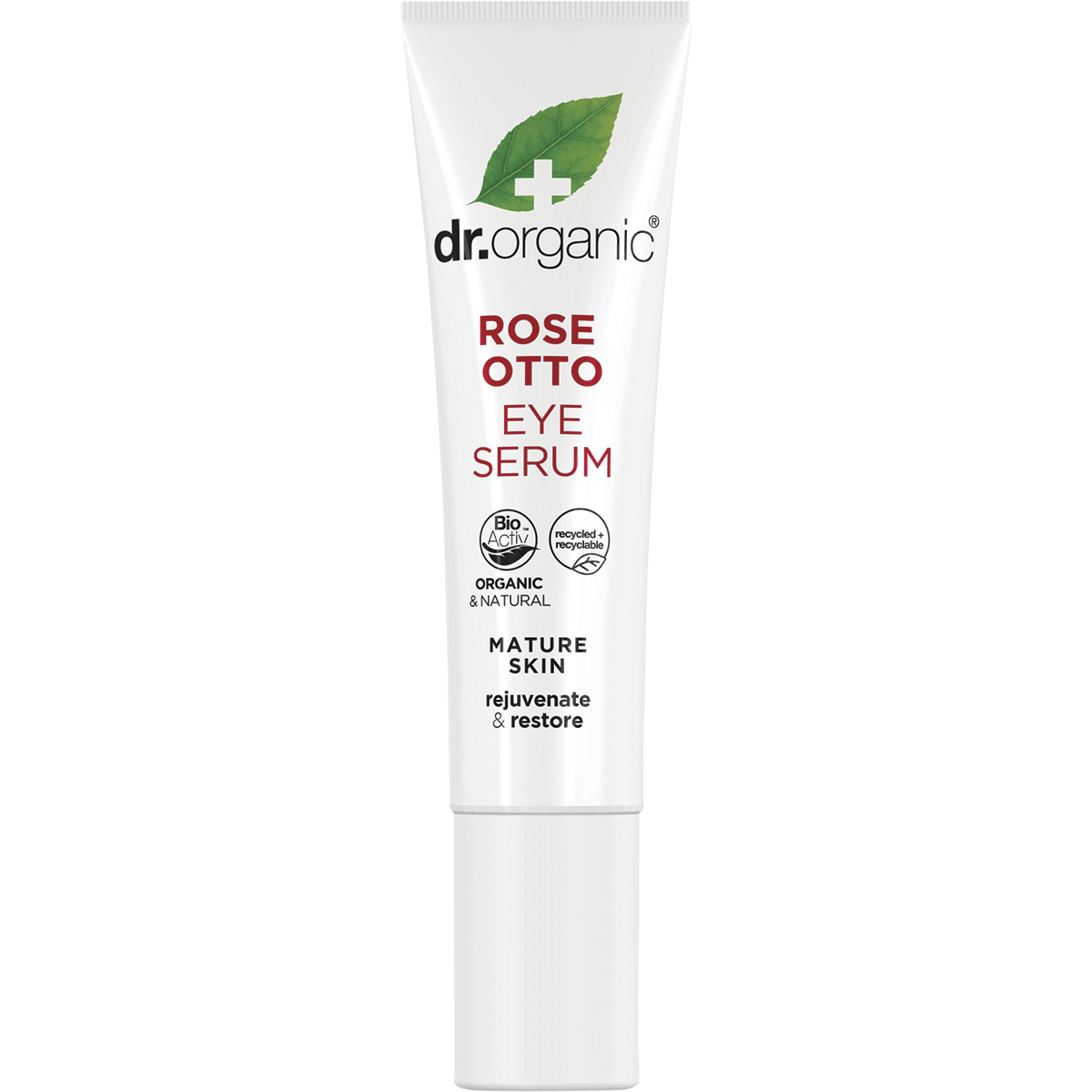 Dr Organic Rose Otto Eye Serum in a 15ml white tube with rose illustrations, designed for healthy-ageing eye care.