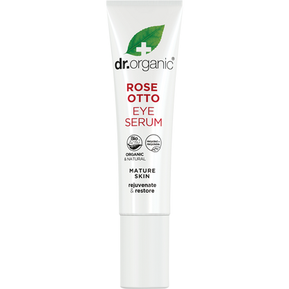 Dr Organic Rose Otto Eye Serum in a 15ml white tube with rose illustrations, designed for healthy-ageing eye care.