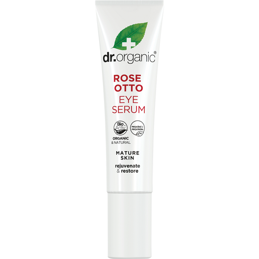Dr Organic Rose Otto Eye Serum in a 15ml white tube with rose illustrations, designed for healthy-ageing eye care.
