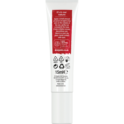 Back of Dr Organic Rose Otto Eye Serum 15ml tube showing ingredients, directions, and product information.