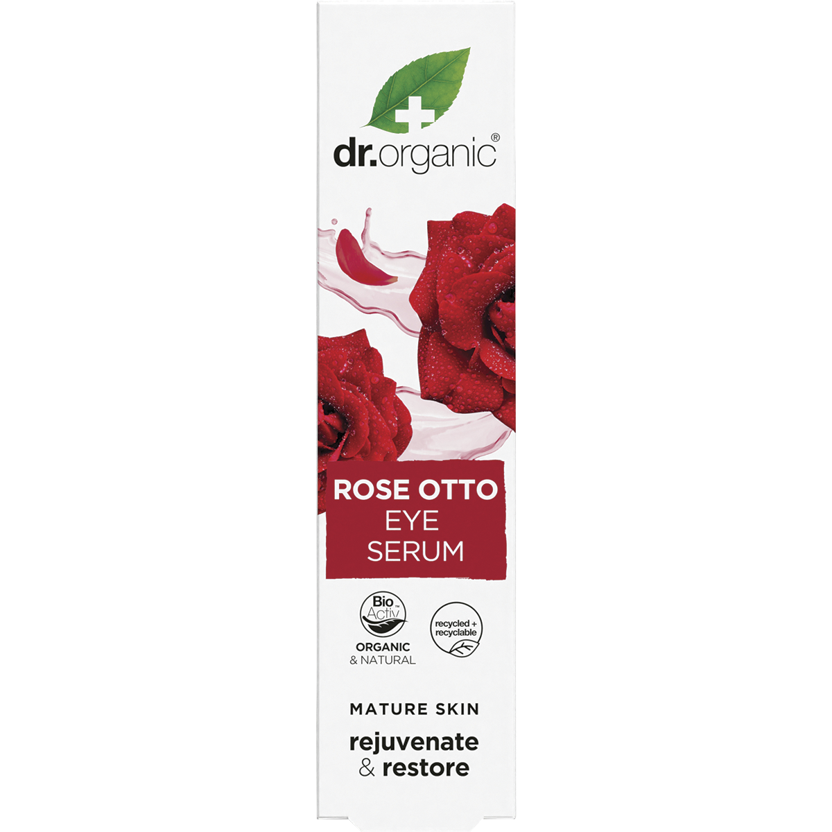 Dr Organic Rose Otto Eye Serum 15ml box with rose illustrations, highlighting its healthy-ageing and revitalising benefits.