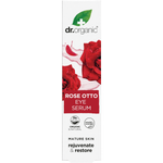 Dr Organic Rose Otto Eye Serum 15ml box with rose illustrations, highlighting its healthy-ageing and revitalising benefits.