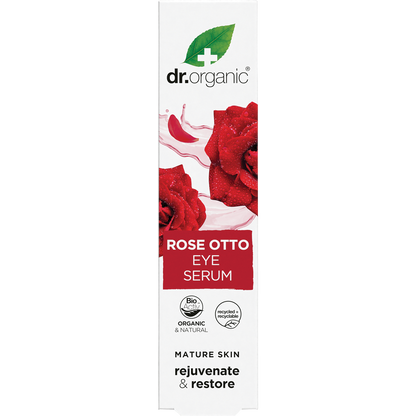 Dr Organic Rose Otto Eye Serum 15ml box with rose illustrations, highlighting its healthy-ageing and revitalising benefits.