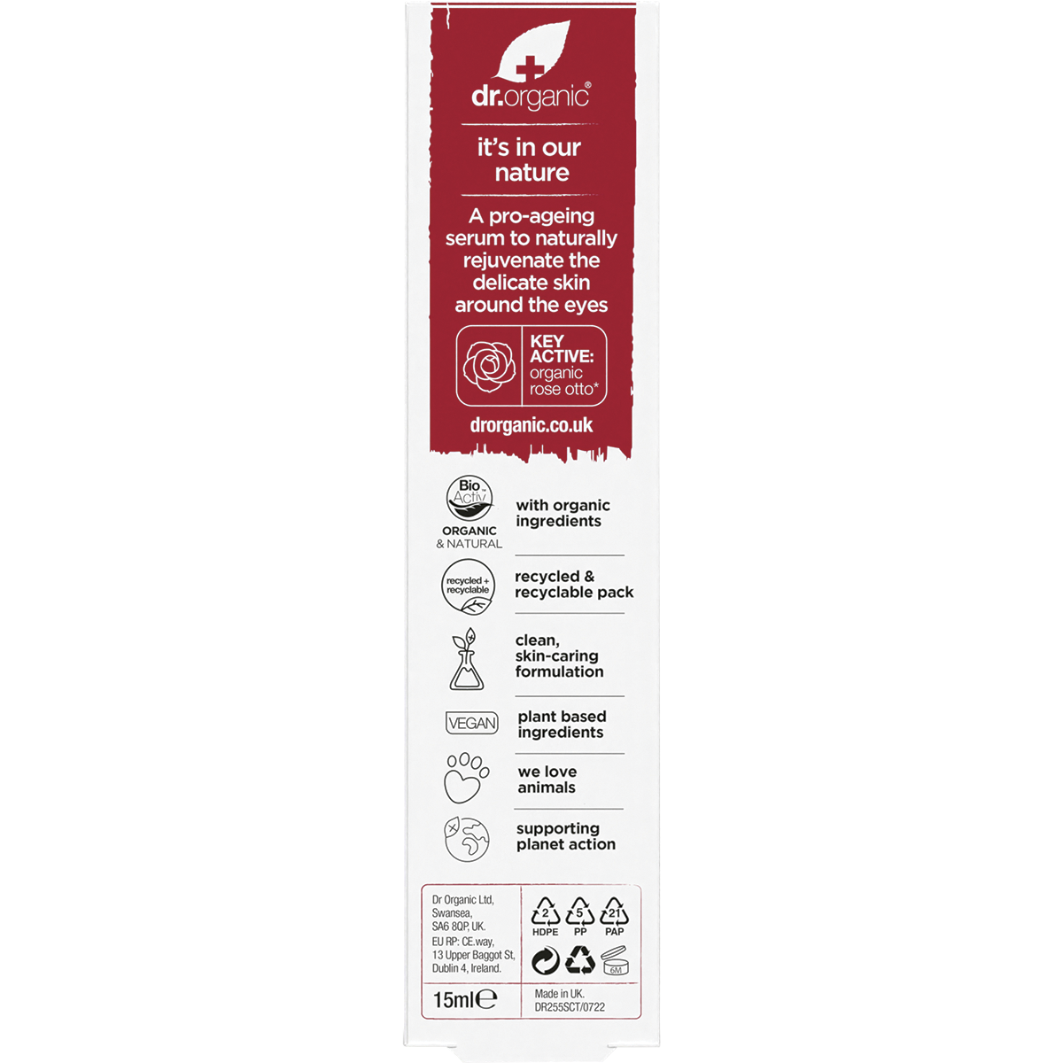 Back of Dr Organic Rose Otto Eye Serum box with product description, key benefits, and use directions.