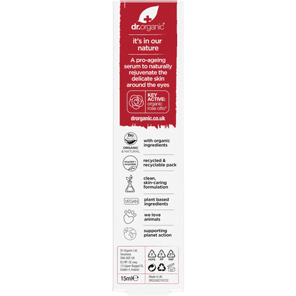 Back of Dr Organic Rose Otto Eye Serum box with product description, key benefits, and use directions.