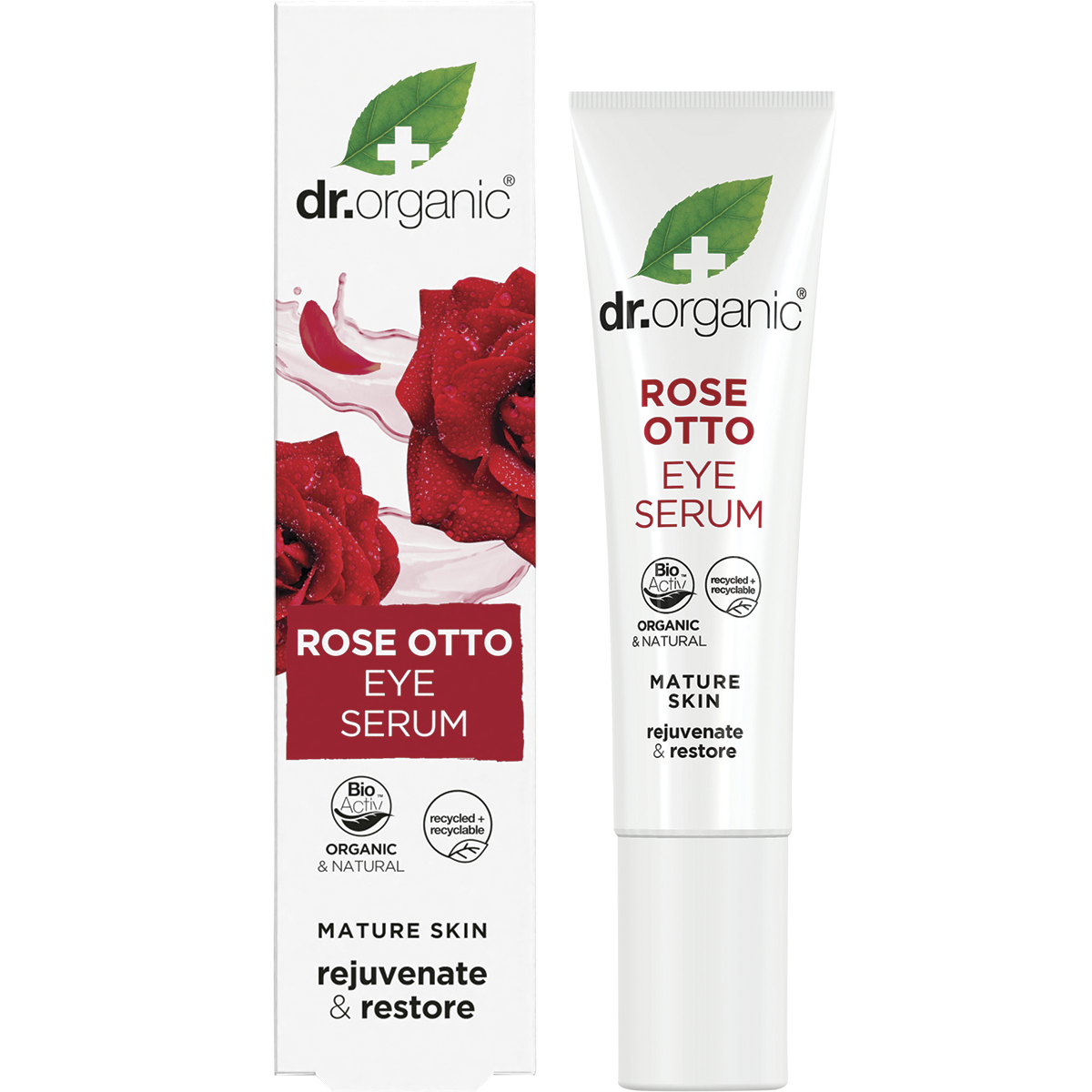 Dr Organic Rose Otto Eye Serum tube and box set with rose illustrations on a white background.