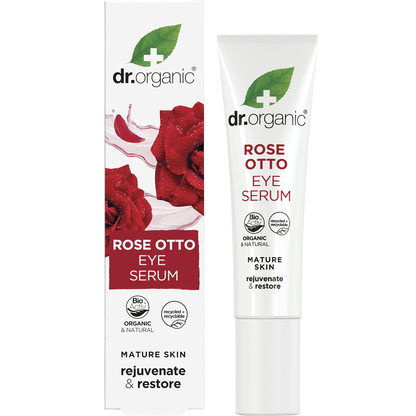 Dr Organic Rose Otto Eye Serum tube and box set with rose illustrations on a white background.
