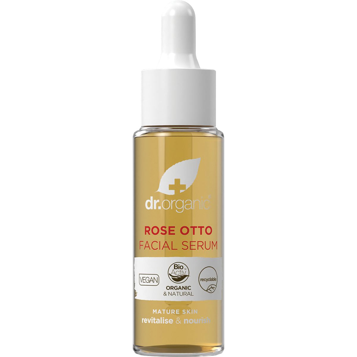 30ml glass bottle of Dr Organic Rose Otto Facial Serum with a dropper lid on a white background.