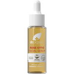 30ml glass bottle of Dr Organic Rose Otto Facial Serum with a dropper lid on a white background.