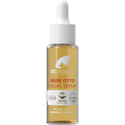 30ml glass bottle of Dr Organic Rose Otto Facial Serum with a dropper lid on a white background.