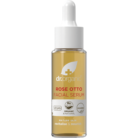 30ml glass bottle of Dr Organic Rose Otto Facial Serum with a dropper lid on a white background.