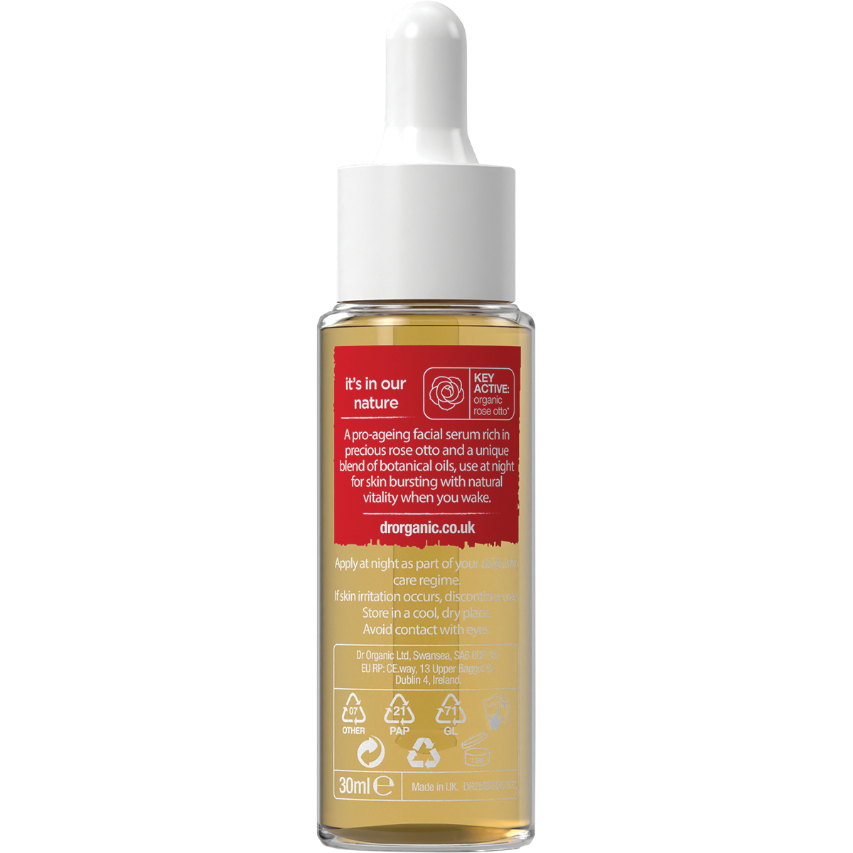 Back of Dr Organic Rose Otto Facial Serum bottle showing directions, ingredients, and Bioactive Skincare label.