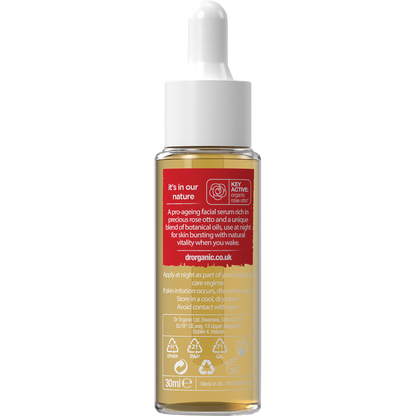 Back of Dr Organic Rose Otto Facial Serum bottle showing directions, ingredients, and Bioactive Skincare label.