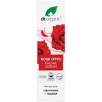 Dr Organic Rose Otto Facial Serum 30ml cardboard box with floral designs on a white background.