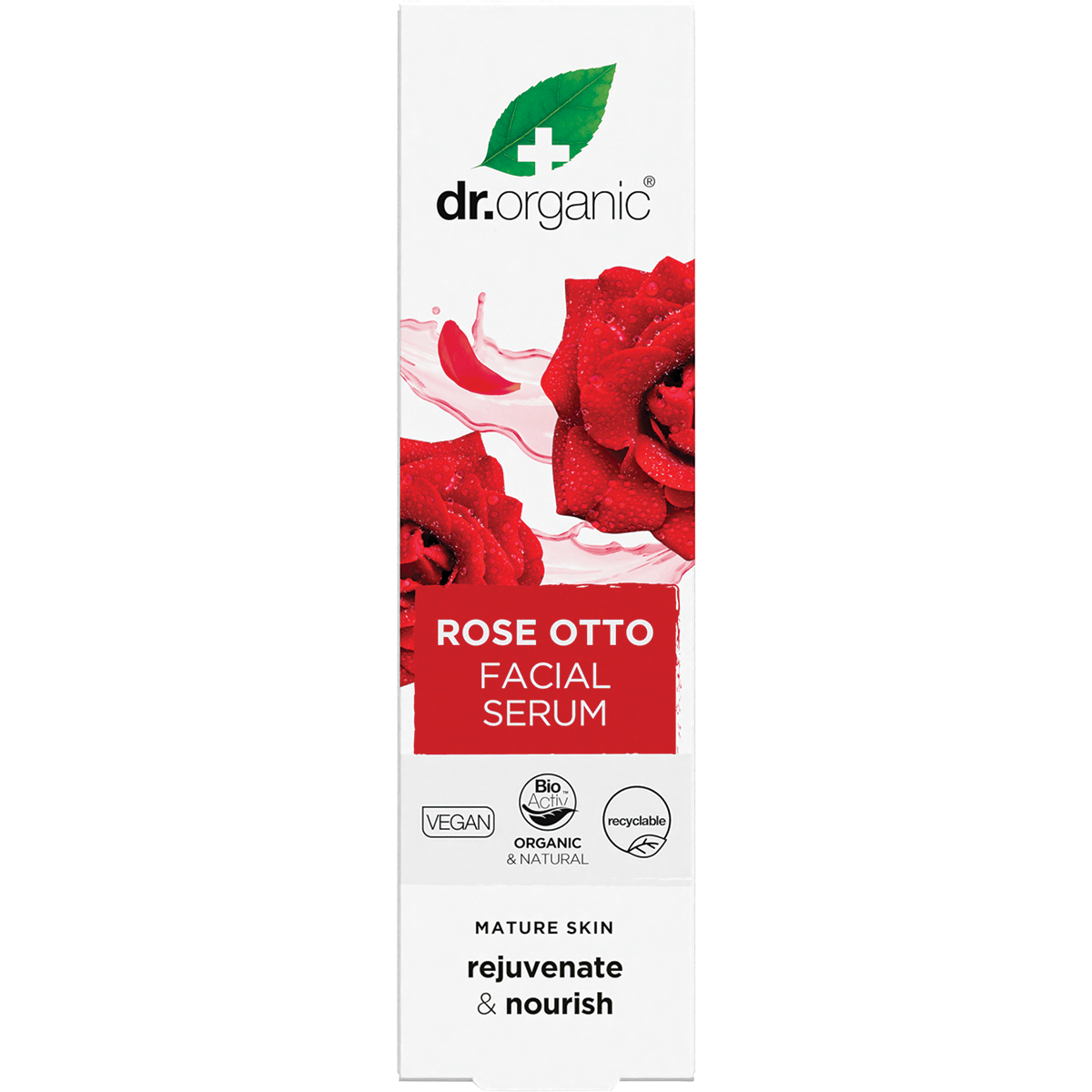 Dr Organic Rose Otto Facial Serum 30ml cardboard box with floral designs on a white background.